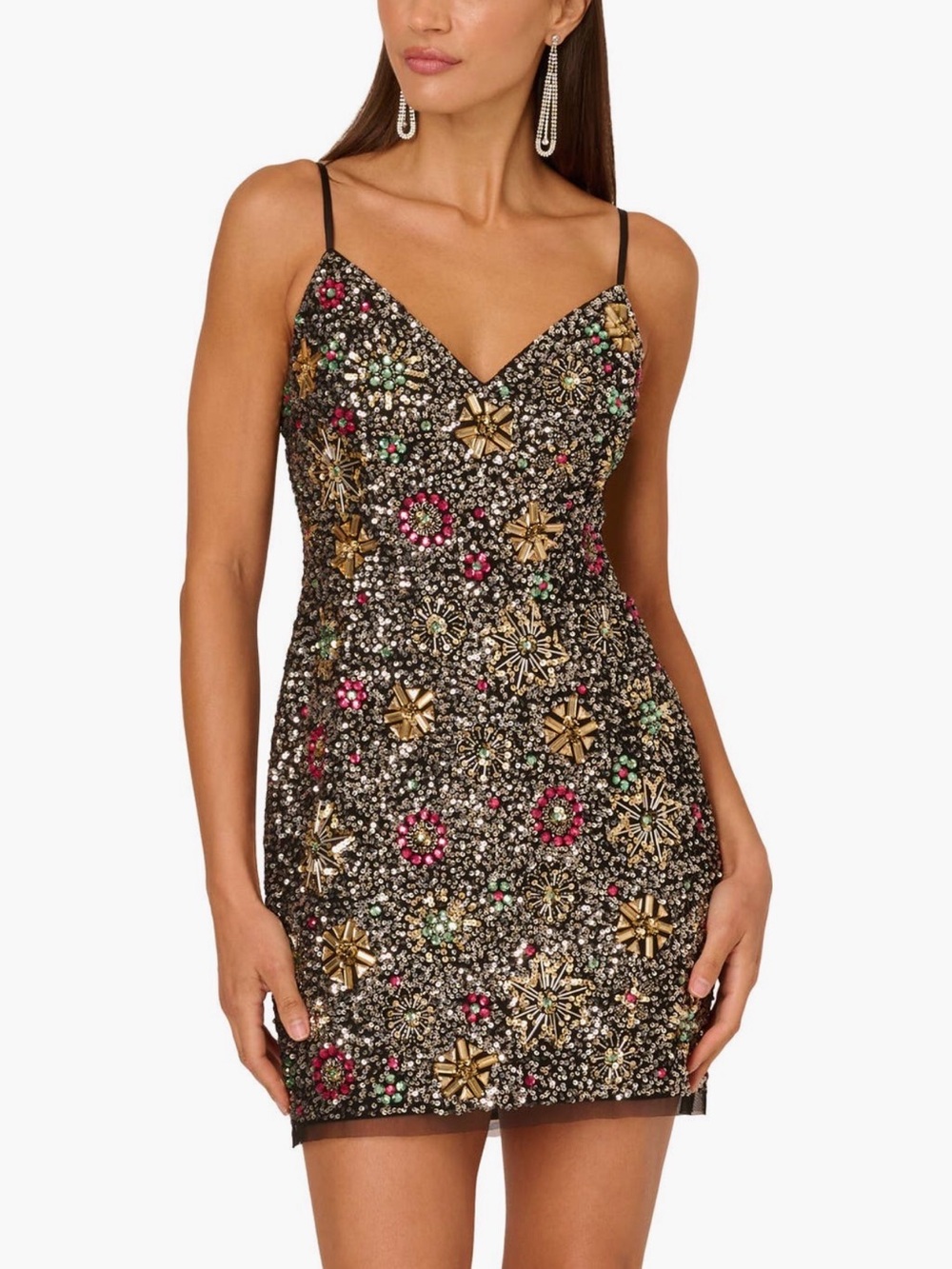 Adrianna Papell Black Sequin Mini Dress with Gold and Pink Embellishments